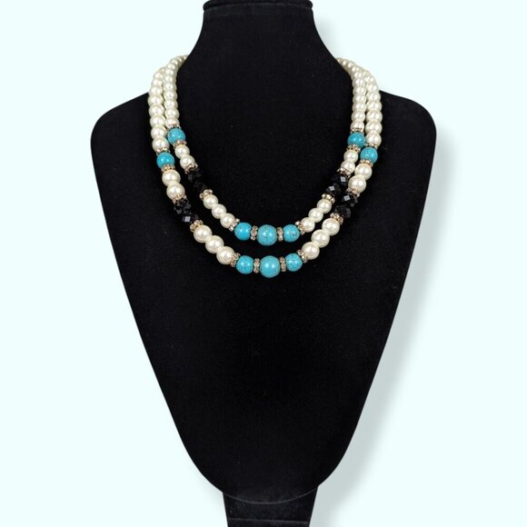 V. 2-Strand Faux Pearl & Turquoise Beaded Necklace - Picture 3 of 5